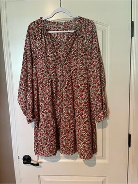 Floral Smocked Yoke Tunic Dress - Red/Cream